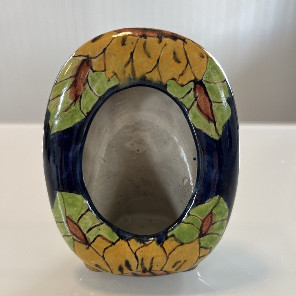 Talvera Mexican Spanish Pottery Photo Holder‎ Sunflower Navy